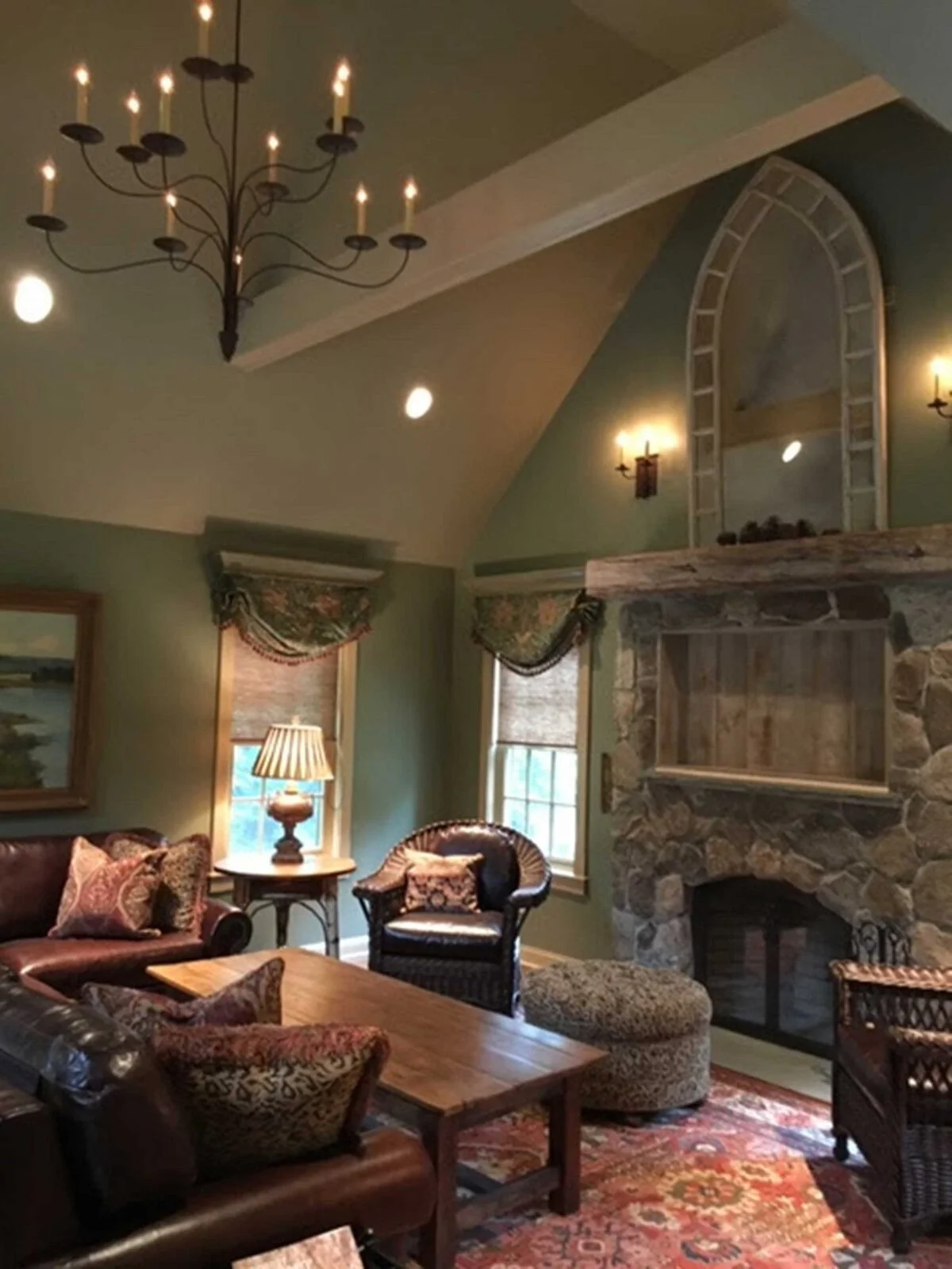 Monterey Stone Cottage — great room with stone fireplace